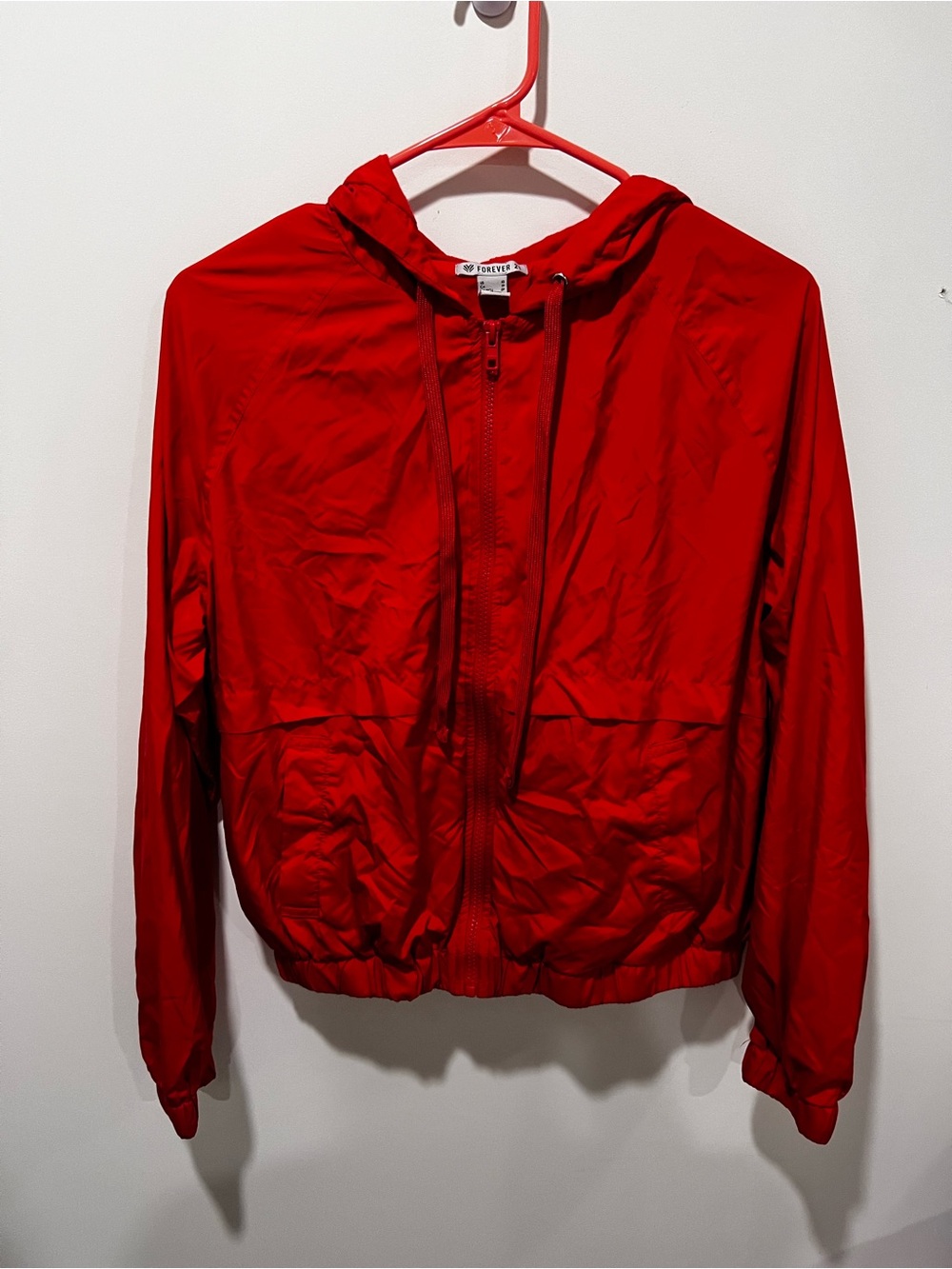 Forever 21 Red Hooded Windbreaker - Lightweight Zip Jacket
